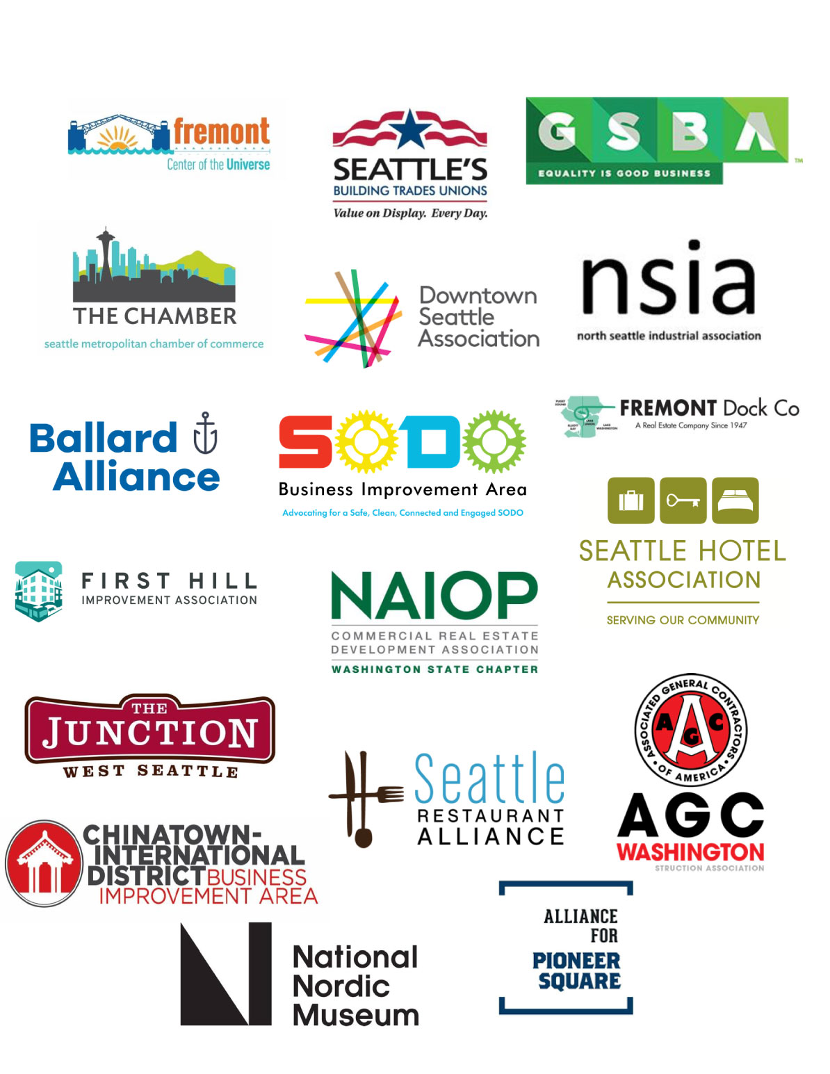 Logos of Organizations Representing Communities Citywide: Fremont Center of the Universe; Seattle's Building Trades Union; GSBA; Seattle Metropolitan Chamber of Commerce; Downtown Seattle Association; North Seattle Industrial Association; Ballard Alliance; SODO Business Improvement Area; Fremont Dock Co; First Hill Improvement Association; NAIOP Commercial Real Estate Development Association; Seattle Hotel Association; The Junction West Seattle; Seattle Restaurant Alliance; AGC Washington Construction Association; National Nordic Museum; Alliance for Pioneer Square