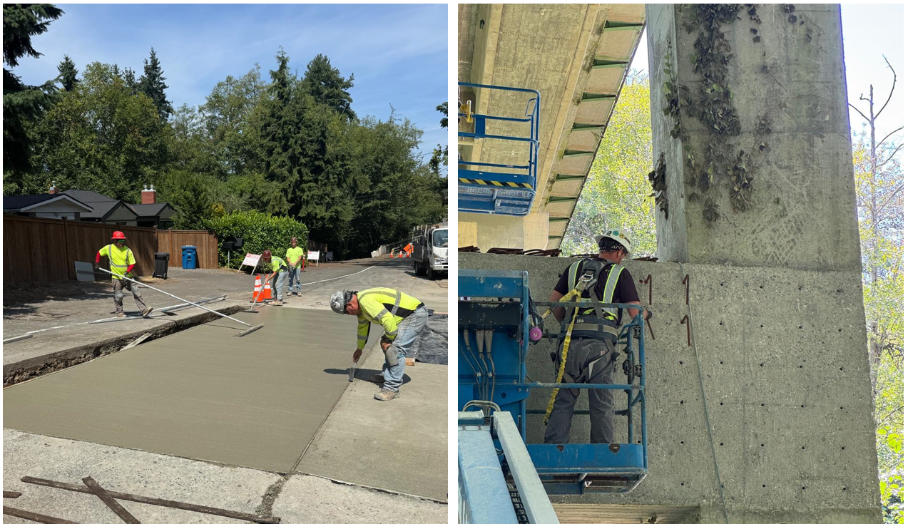 Two construction scenes side by side. Left frame: four workers in neon safety vests and hard hats smooth out freshly poured concrete on a residential street. Right frame: a worker in a lift inspects or works on the side of a large bridge column