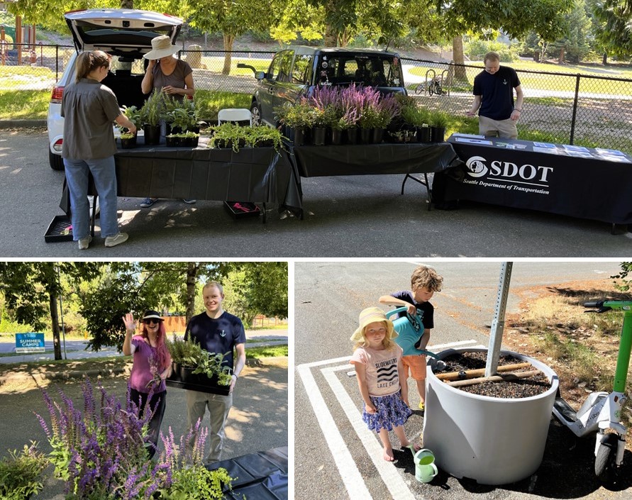 Neighbors attending the plant pick-up event for Cedar Park Healthy Street and children planting and watering in one of the new planter bases