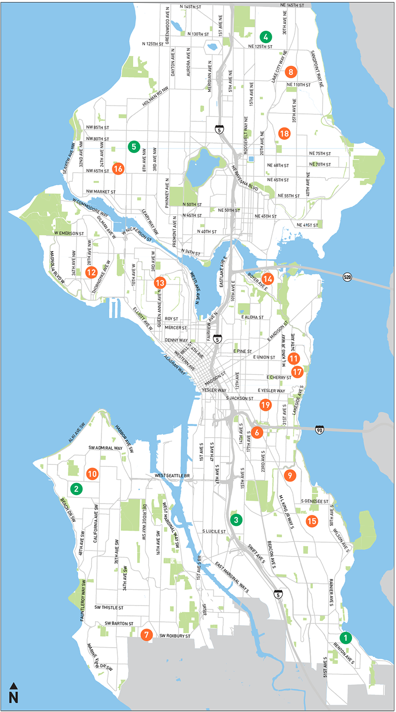 Map of School Streets across Seattle.  Locations listed next to image.