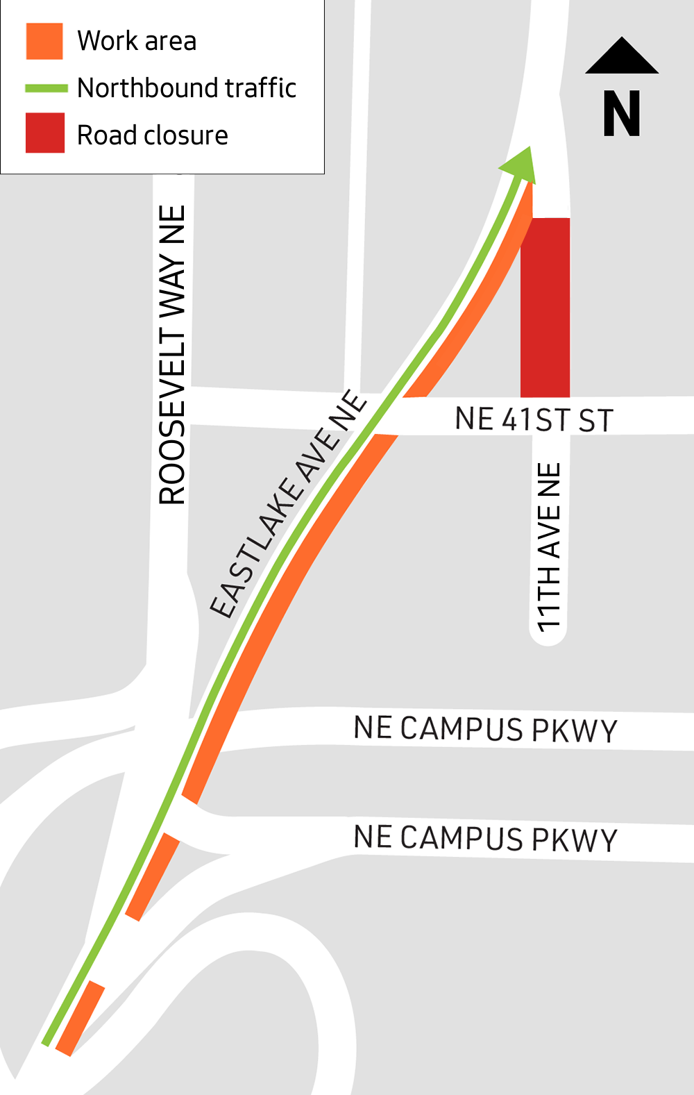 Map shows areas of work just north of the University Bridge