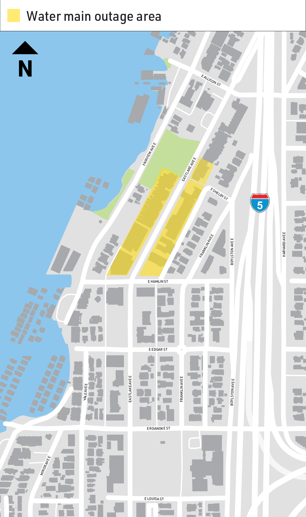 Map shows building that will experience water outages On Eastlake Ave E near E Hamlin St