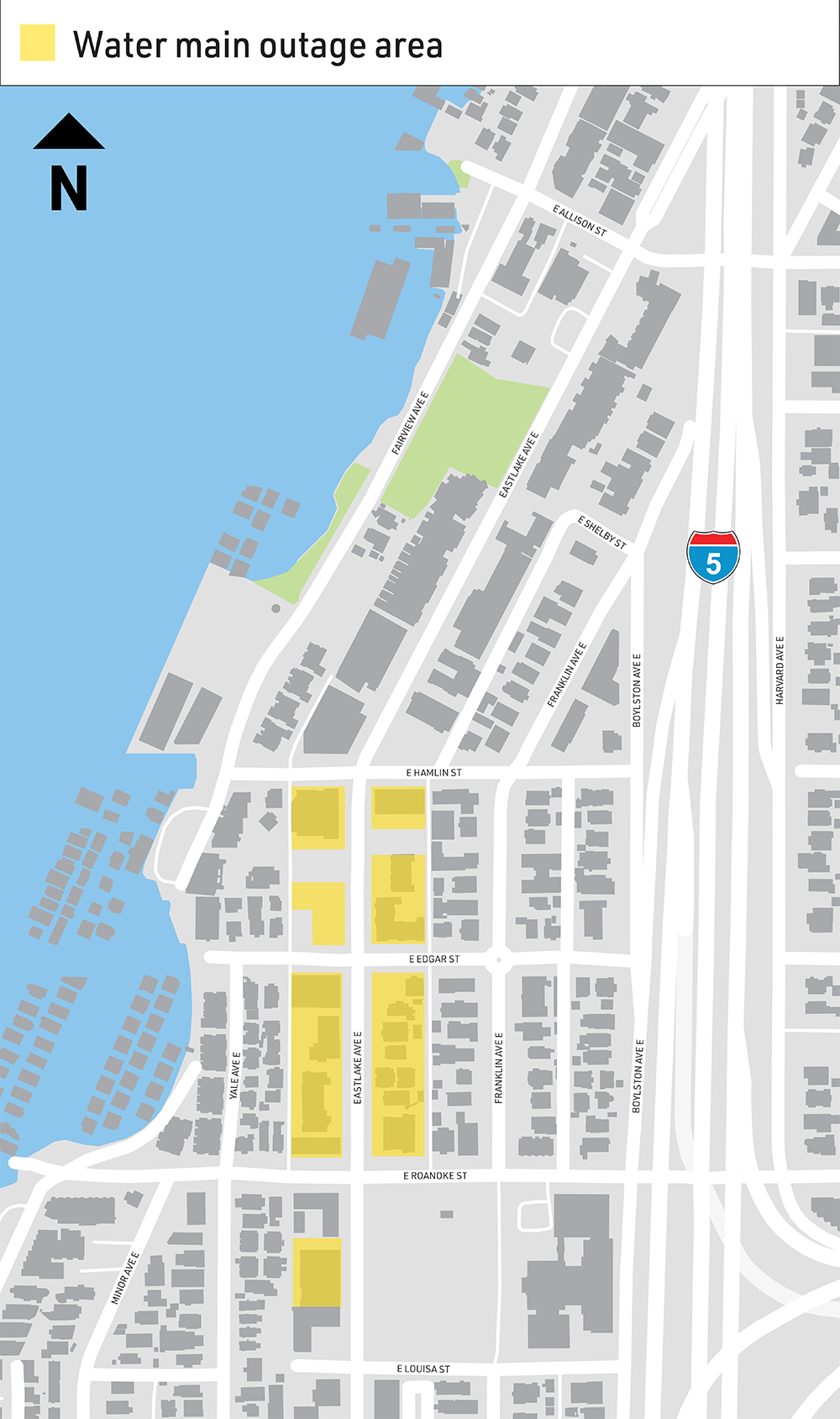 Map shows areas along Eastlake Ave E that will be impacted by water outages near E Hamlin St