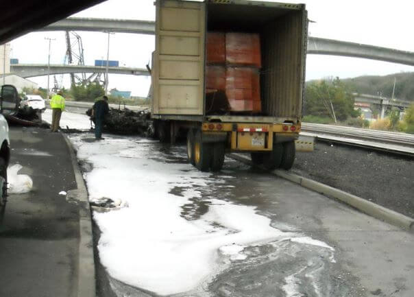 A semi truck accident and fire resulted in a spill to the Duwamish Waterway. SPU deployed a water and land crew to mitigate the spill.