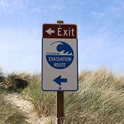 Sign that shows the way to a tsunami evacuation route