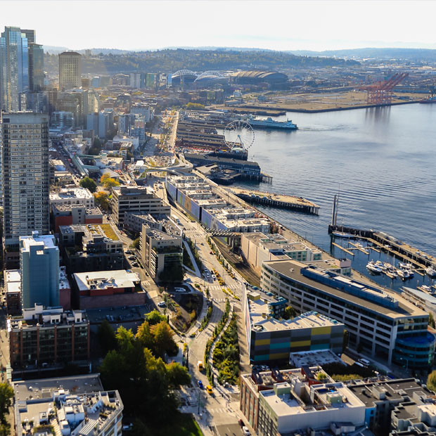 Aerial view of the improved waterfront looking south. 